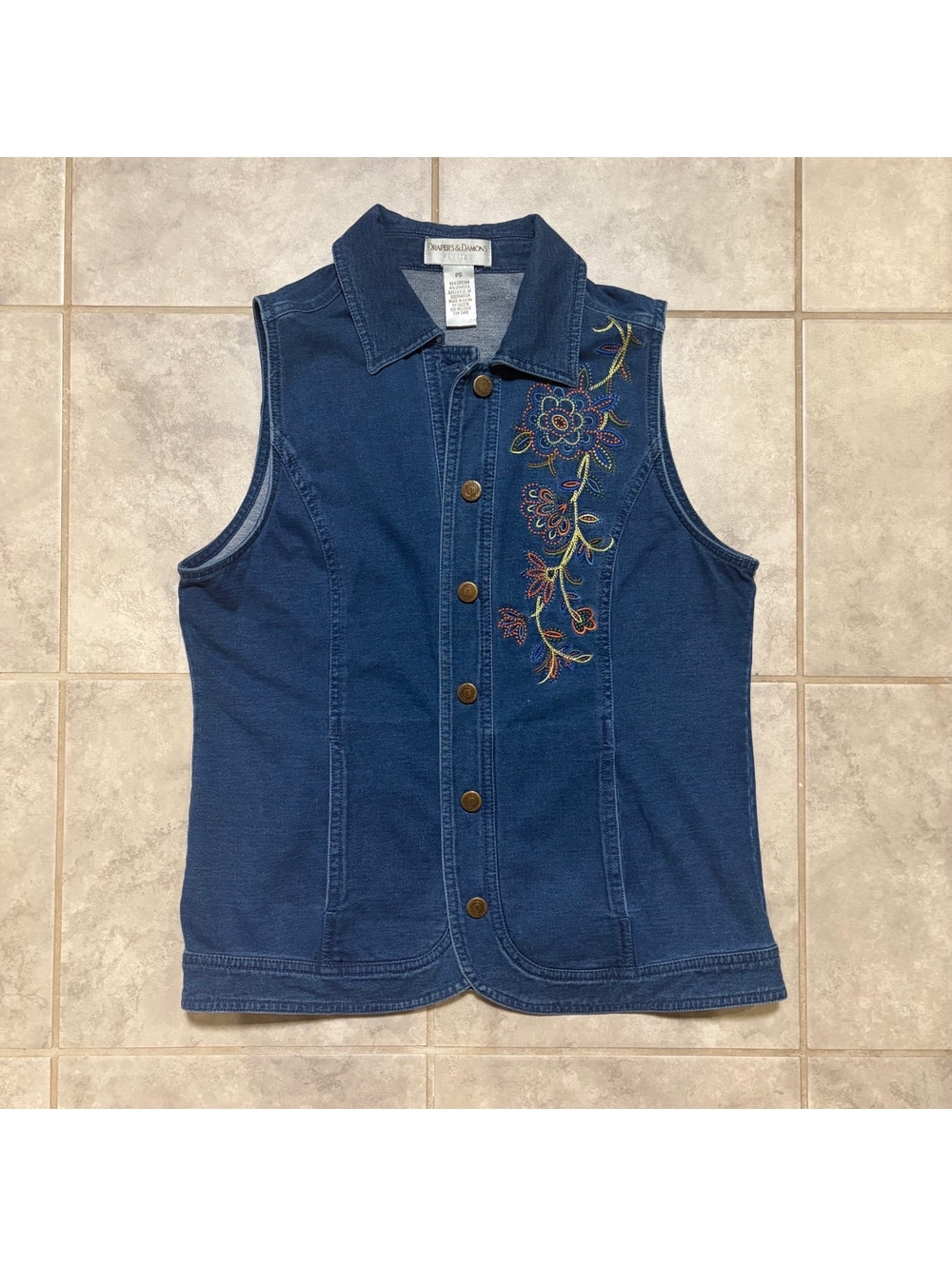 Draper’s & Damon’s Y2K Embroidered Denim Vest Petite Small Floral Western Boho